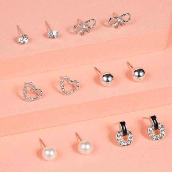 6 pair of stud earrings, bow, heart, pearl, silver - Picture 1 of 3